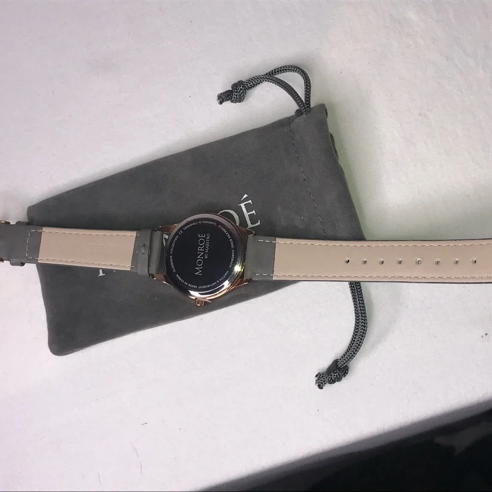 Monroe By Maestro Classique Collection. Gray & Rose Gold Leather Watch